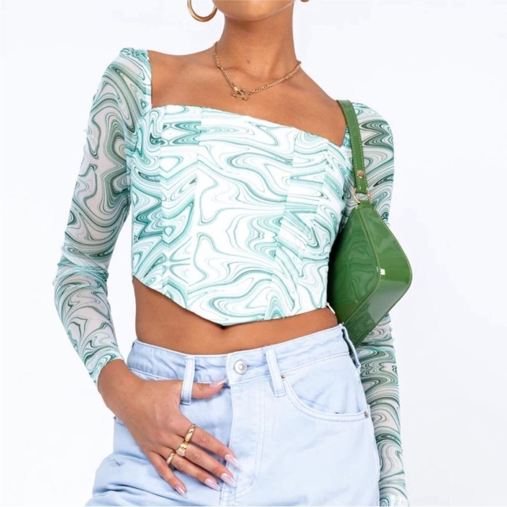 NWT Princess Polly Green Psychedellic Beverly Long Sleeve Corset Top Size 6